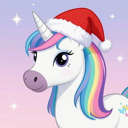 Digital illustration of a white unicorn with a rainbow mane, wearing a red Santa hat, against a pastel gradient background with stars.