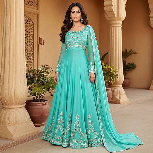 Photograph of a beautiful woman with long black hair in an elegant, turquoise, long-sleeved, intricately embroidered traditional Indian gown, standing in