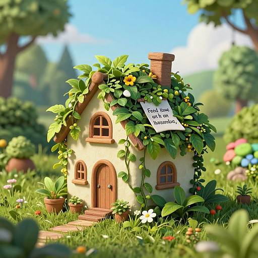 Photograph of a whimsical, small, ivy-covered house with a sign reading 