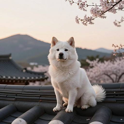 Photograph of a white fluffy Akita dog sitting on a traditional Korean tiled roof, with cherry blossom trees and mountains in the background at sunset.