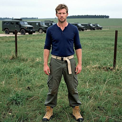 Photograph of a bearded man with short brown hair, wearing a navy blue long-sleeve shirt, khaki cargo pants, and tan boots