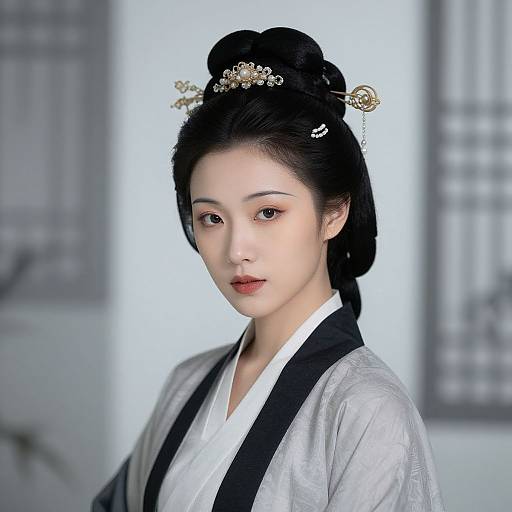 Photograph of a beautiful East Asian woman with pale skin, black hair in an intricate updo, wearing a white and black kimono, adorned with
