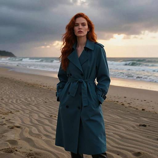 Photograph of a red-haired woman in a blue trench coat standing on a sandy beach at sunset, with waves and cloudy sky in the background.