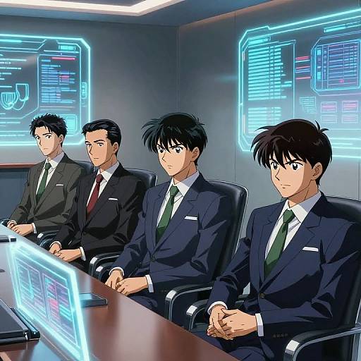 Four anime-style men in dark suits with green ties, seated at a neon-lit conference table, focusing on glowing computer screens.