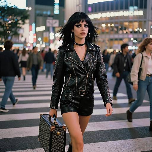 Photograph of a confident woman with black leather jacket, mini shorts, and choker, holding a patterned briefcase, crossing a busy city street