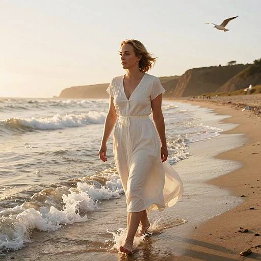 Photograph of a blonde woman in a white, flowing dress walking along a sunlit beach with gentle waves, a seagull in flight, and