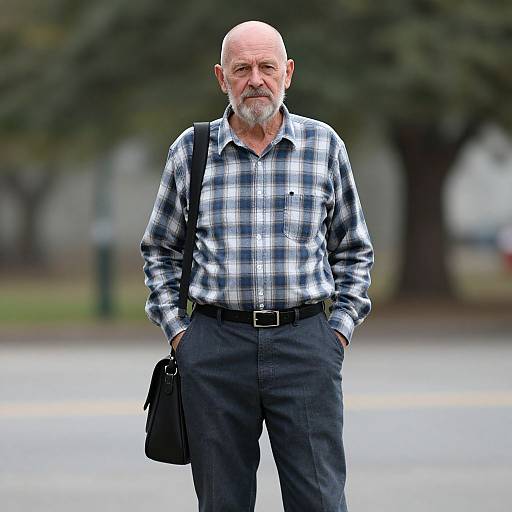 Photograph of an older bald man with a gray beard, wearing a black-and-white plaid shirt, black pants, and carrying a black bag,