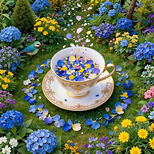 Photograph of an ornate white teacup with gold trim, filled with colorful flower petals, sitting on a matching saucer amidst a vibrant garden