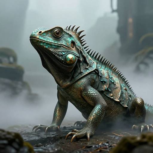 Digital artwork of a detailed, iridescent iguana with blue-green scales and black spines, standing on a misty, rocky terrain.