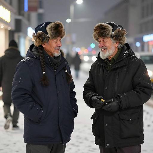 Two elderly men talking on snowy city street at night