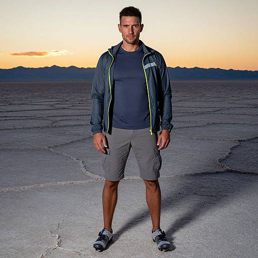 Photograph of a muscular man with short black hair, wearing a dark jacket, black shirt, gray shorts, and sneakers, standing on a cracked salt