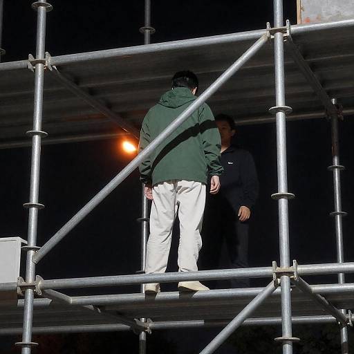 Green-Jacketed Figure on Night Scaffolding