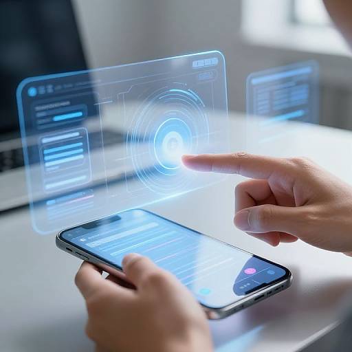 Photograph of hands interacting with semi-transparent digital screens on a smartphone, highlighting biometric authentication with a glowing circular icon.