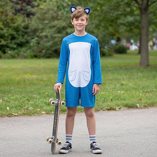 Photograph of a young boy in blue long-sleeve onesie with white chest patch, black cat ears, holding skateboard, standing on park path