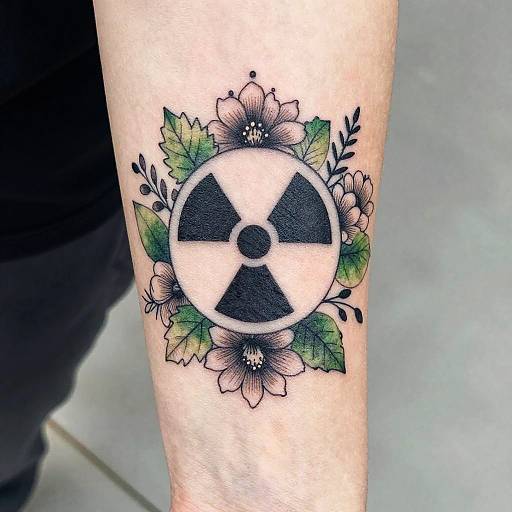 Tattoo of a black radiation symbol surrounded by detailed flowers and green leaves on a pale-skinned forearm. Photographic image.