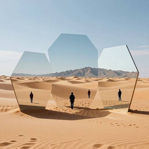 Photograph of four transparent hexagonal glass panels in a desert, reflecting five silhouetted figures standing on undulating sand dunes with mountains in
