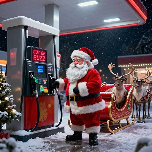 Photograph of Santa Claus in red suit, white beard, black boots, filling gas tank at night, reindeer with red sleigh in snowy background