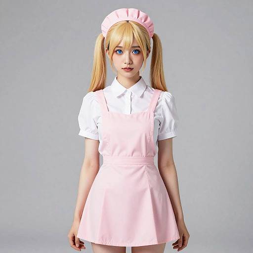 CGI image of a young blonde girl with blue eyes, wearing a pink nurse hat and white shirt with pink apron.