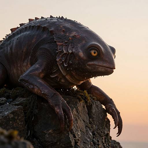 Photograph of a detailed, realistic, dark-scaled, spiky-backed lizard with orange eyes, perched on a rocky surface against a soft,