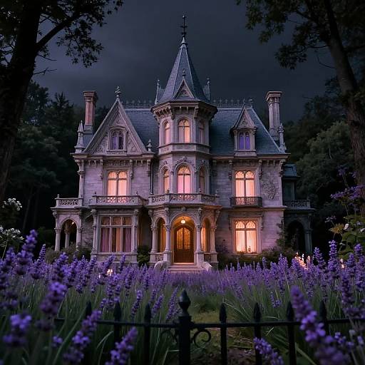 Photograph of a gothic-style mansion at night, illuminated by warm yellow lights, surrounded by vibrant purple lavender flowers and dark trees.