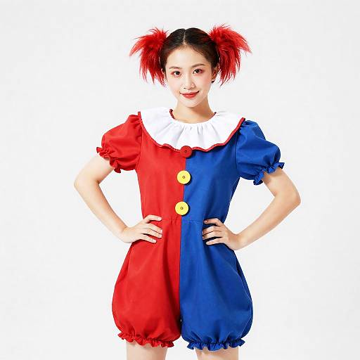 Woman in Red and Blue Clown Costume