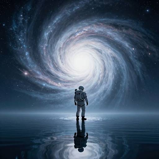 Digital artwork: Silhouetted astronaut stands on reflective surface, gazing into swirling, luminous galaxy with stars in dark, cosmic background.