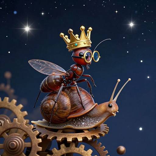 Digital illustration of a crowned, bespectacled ant riding a snail on brass gears, against a starry night sky. Whimsical,