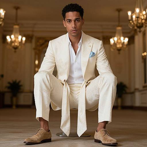Photograph of a Black man with short curly hair, squatting in a luxurious ballroom, wearing a white suit, white shirt, and beige shoes