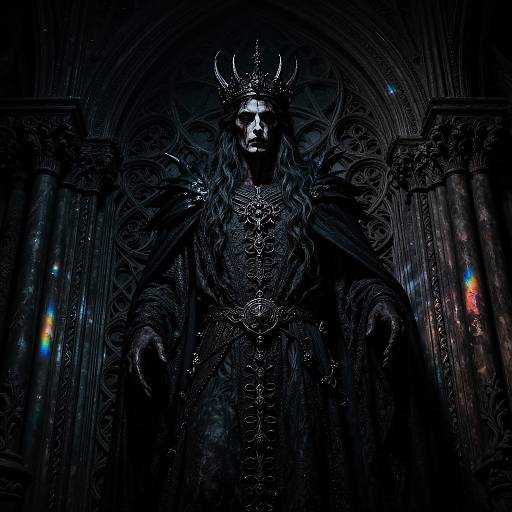 Dark, gothic photograph of a regal figure in intricate black robes and crown, illuminated by colorful lights in a cathedral.