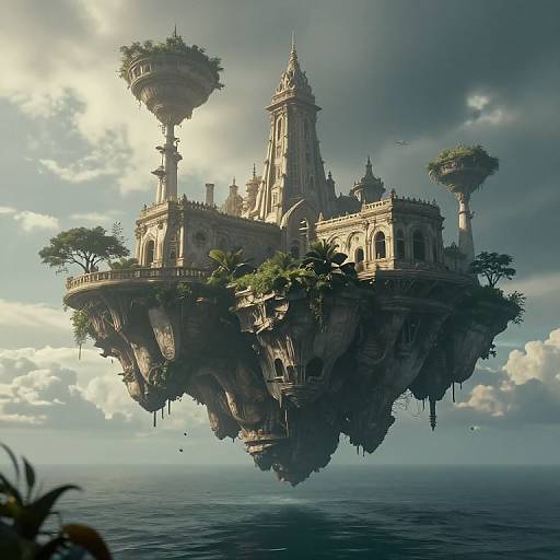 Fantastical floating castle with intricate architecture, surrounded by lush greenery, hovering above a calm ocean under a cloudy sky. Digital art.