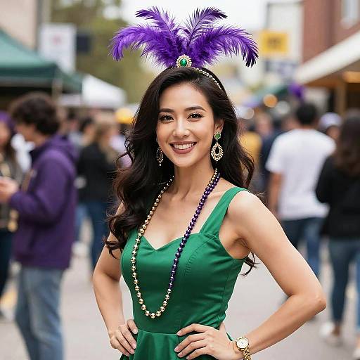 Woman in Mardi Gras Costume with Green Dress and Purple Feathers