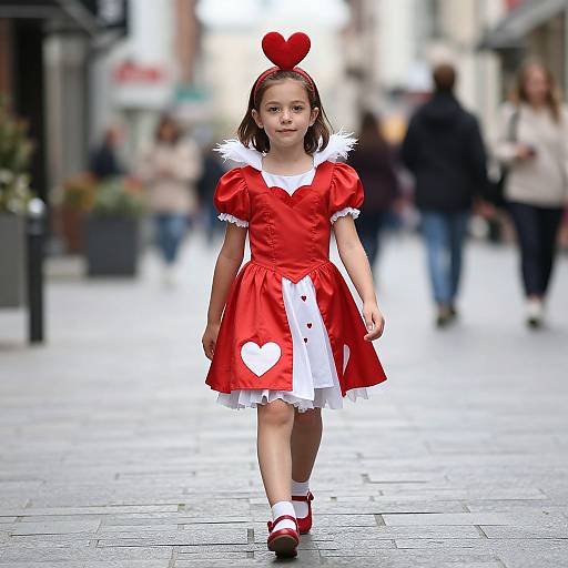 Photograph of a young girl in a red and white heart-themed dress with puffed sleeves, white feather collar, red heart headband, and red