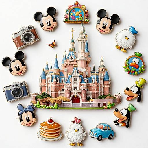 Colorful digital collage of Disney characters, castle, camera, pancakes, car, and accessories, arranged in a circular pattern on white background.