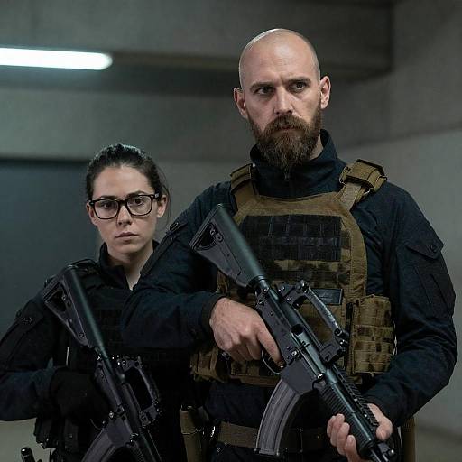 Intense Tactical Duo in Industrial Setting