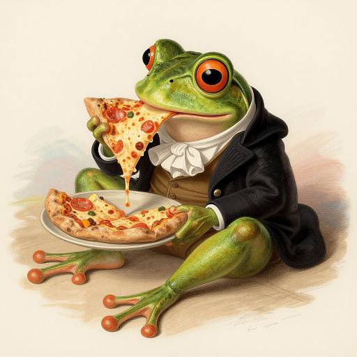Digital illustration of a green frog in a black suit with a white ruffled shirt, eating pizza slices, one in hand, one on a plate.
