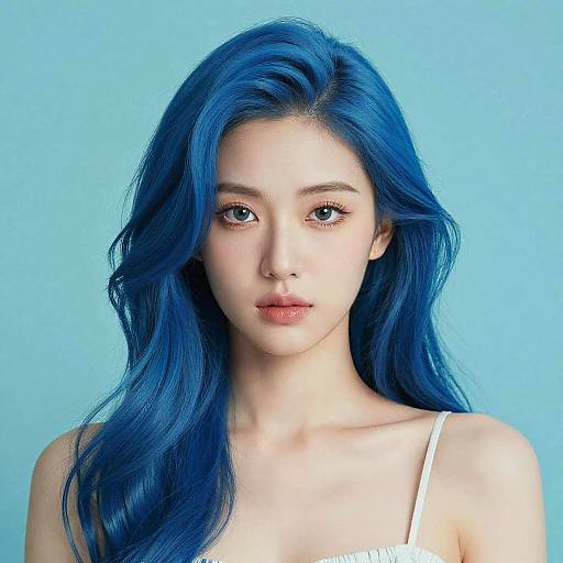 Photograph of an East Asian woman with vibrant blue hair, fair skin, and light makeup, wearing a white tank top, against a plain blue background