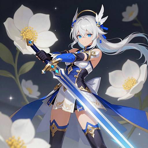 White-Haired Anime Warrior with Sword