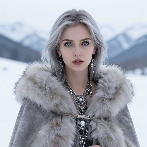 Photograph of a pale-skinned woman with silver hair, wearing a fur-trimmed cloak, intricate necklace, and dangling earrings, set against a