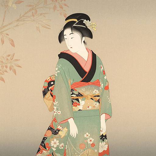 Elegant Ukiyo-e Woman in Floral Kimono