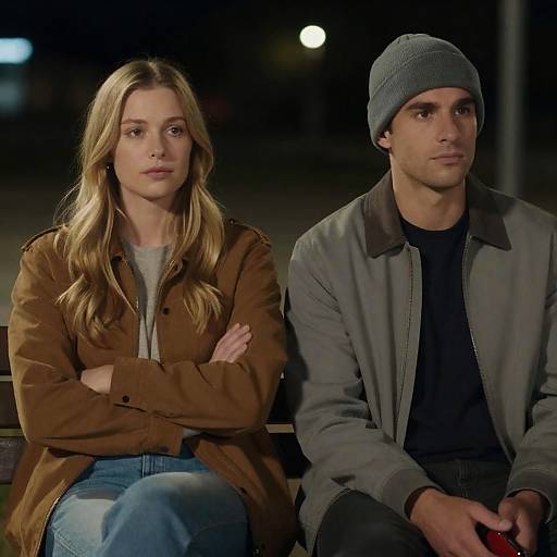 Two People Sitting on Bench at Night
