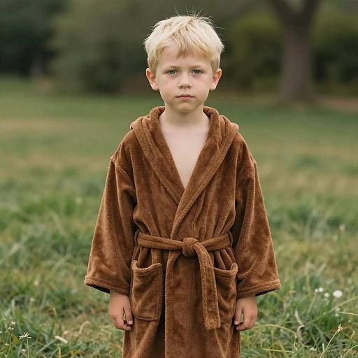 Young Boy in Brown Bathrobe Outdoors