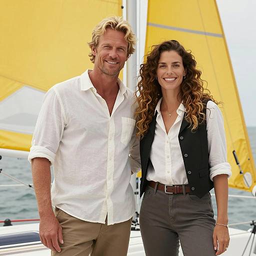 Smiling Couple on Sailboat with Yellow Sails