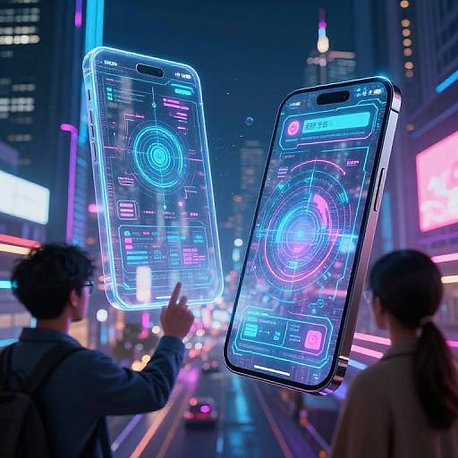 Photograph of two glowing, floating smartphone screens with holographic interfaces in a neon-lit city street at night, two people pointing at them.