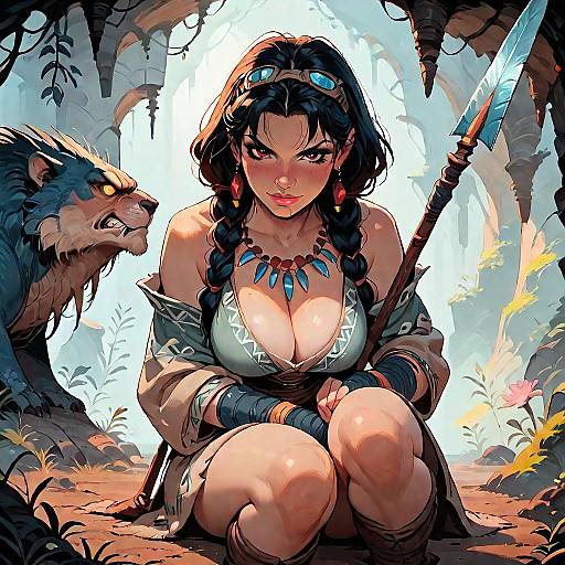 Sexy Prehistoric Cavewoman with Spear and Beast