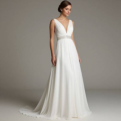 Photograph of a young woman with fair skin and dark hair in an elegant white, sleeveless, V-neck, floor-length wedding gown with a be