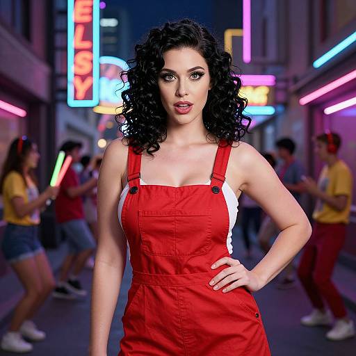 Photograph of a curly-haired woman in a red overalls dress, standing confidently in a neon-lit urban street, with blurred people dancing in the