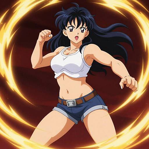 Anime-style digital drawing of a muscular, black-haired woman with large breasts, wearing a white crop top and blue shorts, surrounded by glowing yellow energy rings