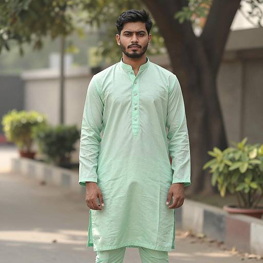 Young Man in Light Green Traditional Kurta Outdoors