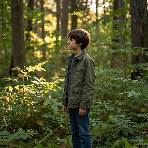 Boy in Sunlit Forest Clearing
