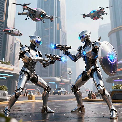Futuristic AI Superheroes Battle Drones